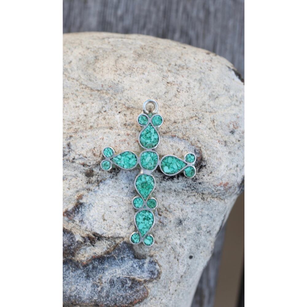 Turquoise Chip Inlay Cross Pendant Mexican Silver Southwestern